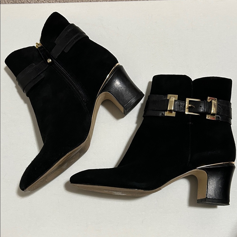 Joan & David Black Darenton Suede Leather Ankle Boots with Gold Buckle Size 7.5M